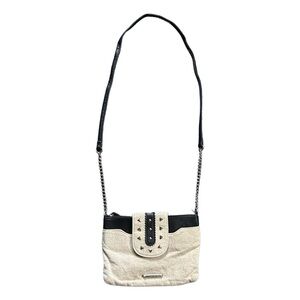 Nine West Black Beige Tweed Faux Leather Strap Crossbody Handbag